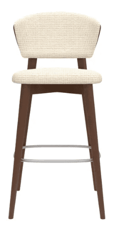 A wooden bar stool with a padded seat and backrest. The stool has four legs, connected by a metal fo… — free SKP 3D model
