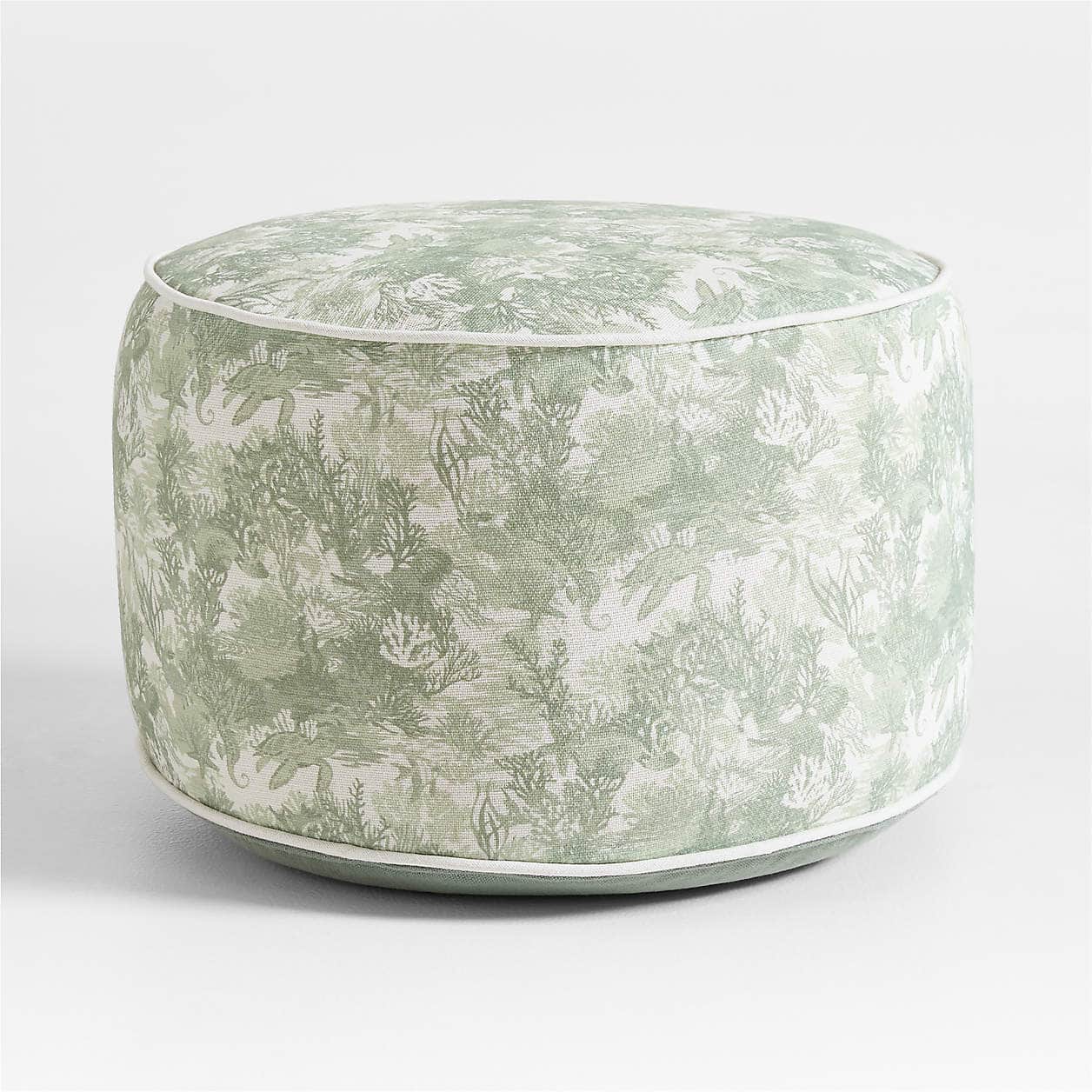 A fully upholstered, cylindrical ottoman featuring a light green and white fabric with an intricate… — 3D model