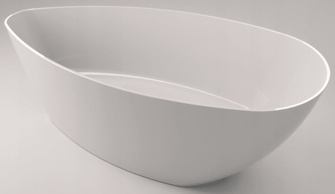 A freestanding bathtub with an oval, free-form shape. The exterior is smooth and slightly tapered to… — 3D model