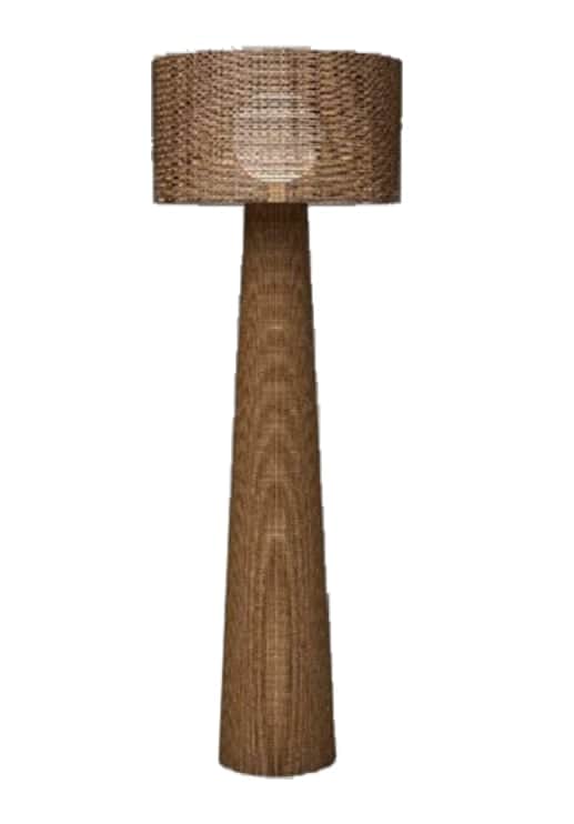 A tall floor lamp featuring a wide, conical base and a cylindrical drum shade, both entirely constru… — 3D model