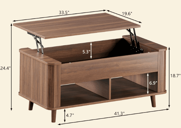 A brown lift-top coffee table with a slatted side panel design. The table features a main storage co… — free SKP 3D model