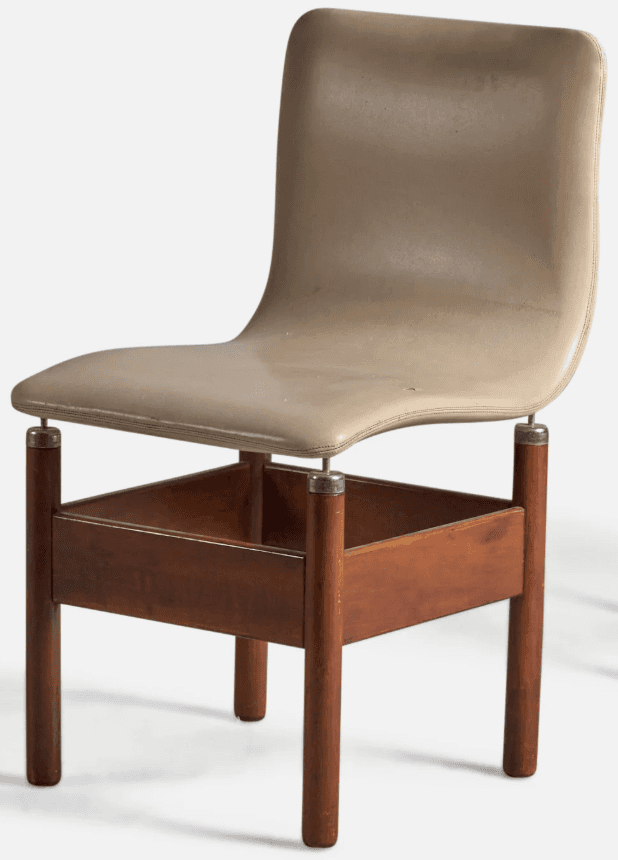 A modern chair with a curved, light-colored seat and backrest supported by a square wooden base and… — 3D model