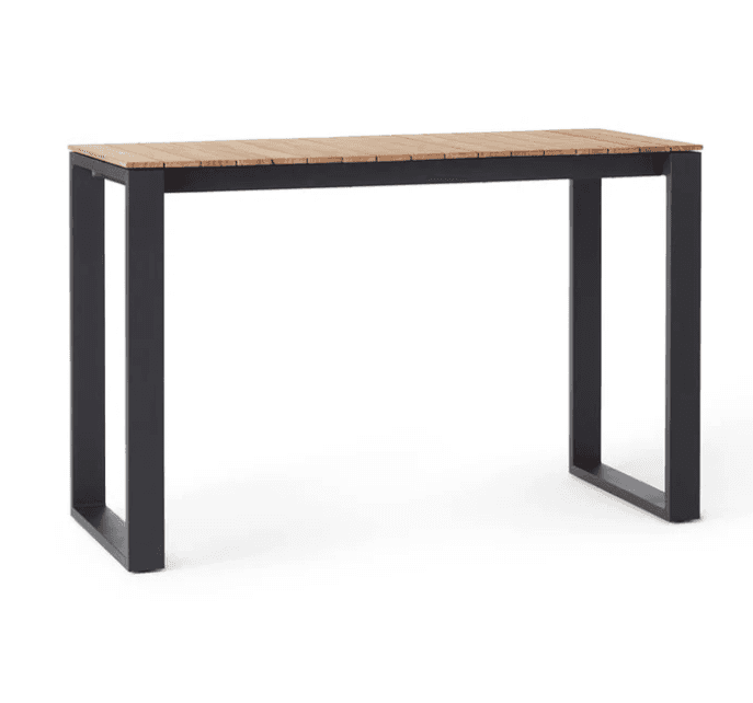A rectangular, bar-height table featuring a slatted natural wood top supported by a minimalist matte… — 3D model