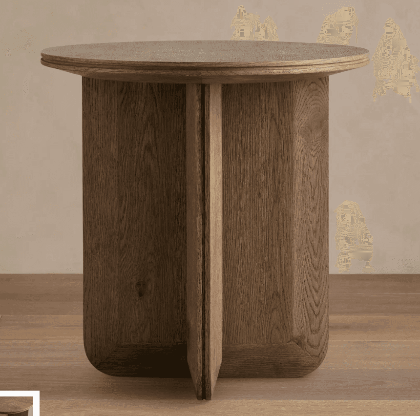 A wooden end table with a circular top and a cylindrical base supported by two intersecting vertical… — 3D model