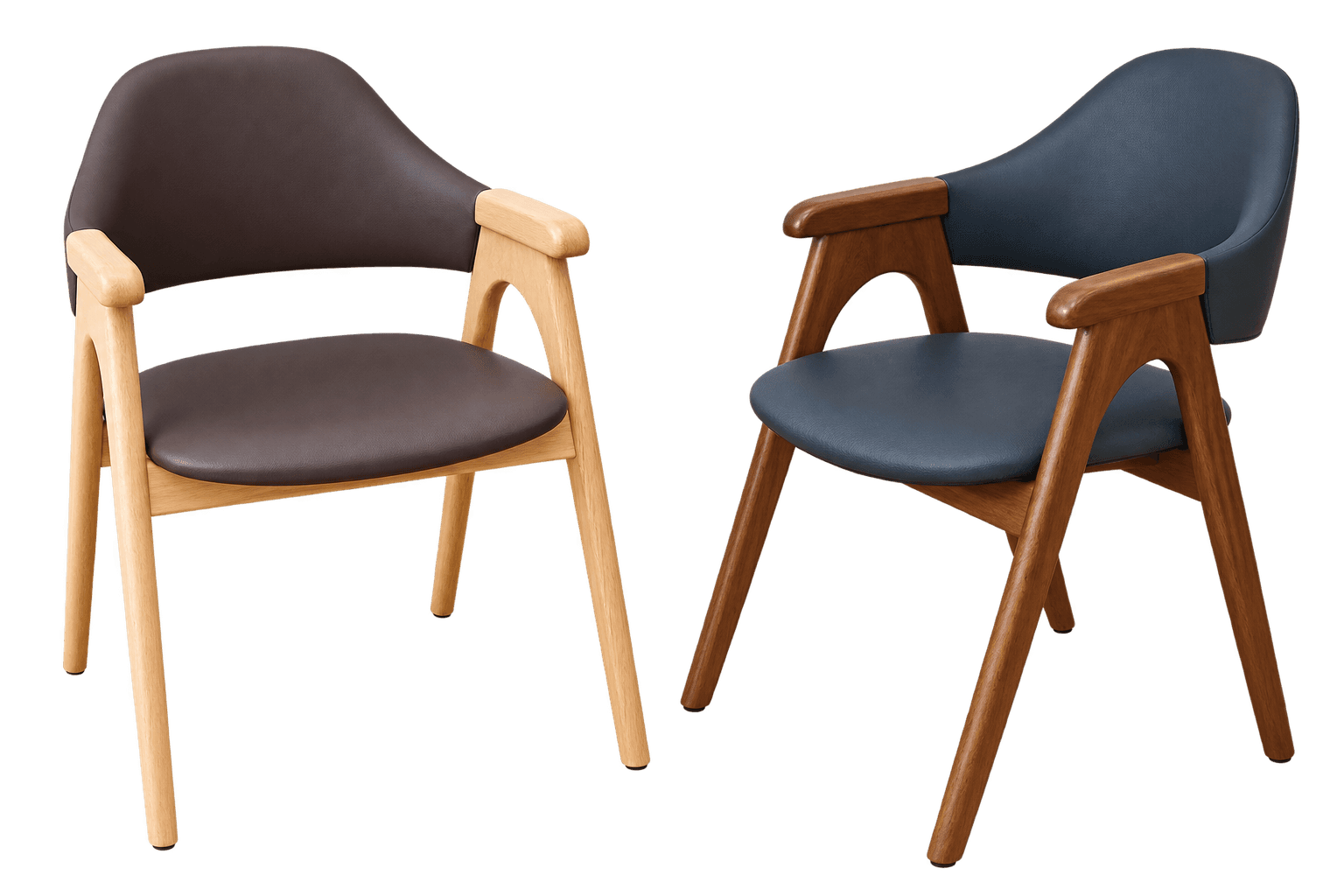 A contemporary dining armchair featuring a light wood frame, a dark navy blue upholstered seat and b… — 3D model
