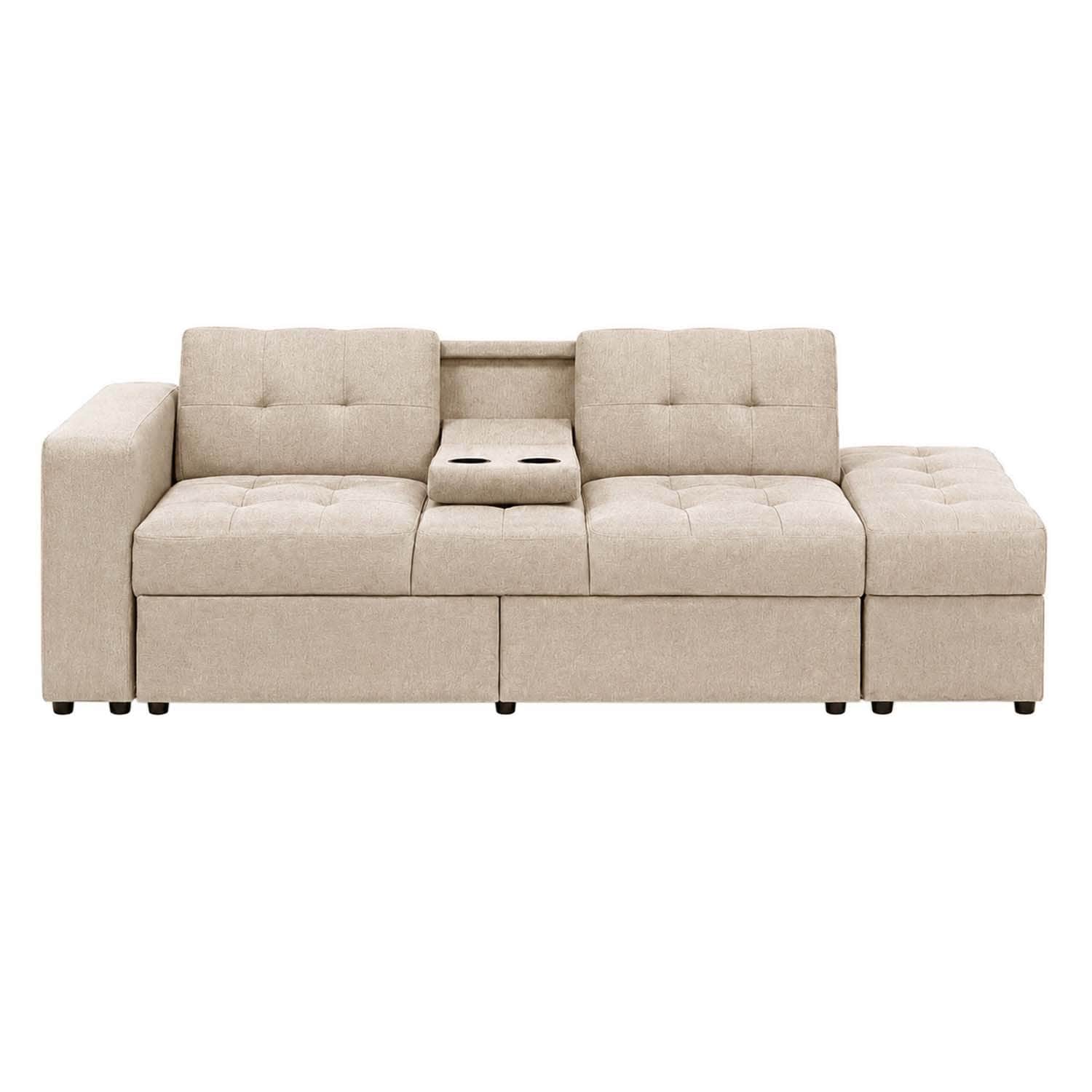 A light beige, modular sectional sofa composed of multiple units, including a console with two cup h… — 3D model