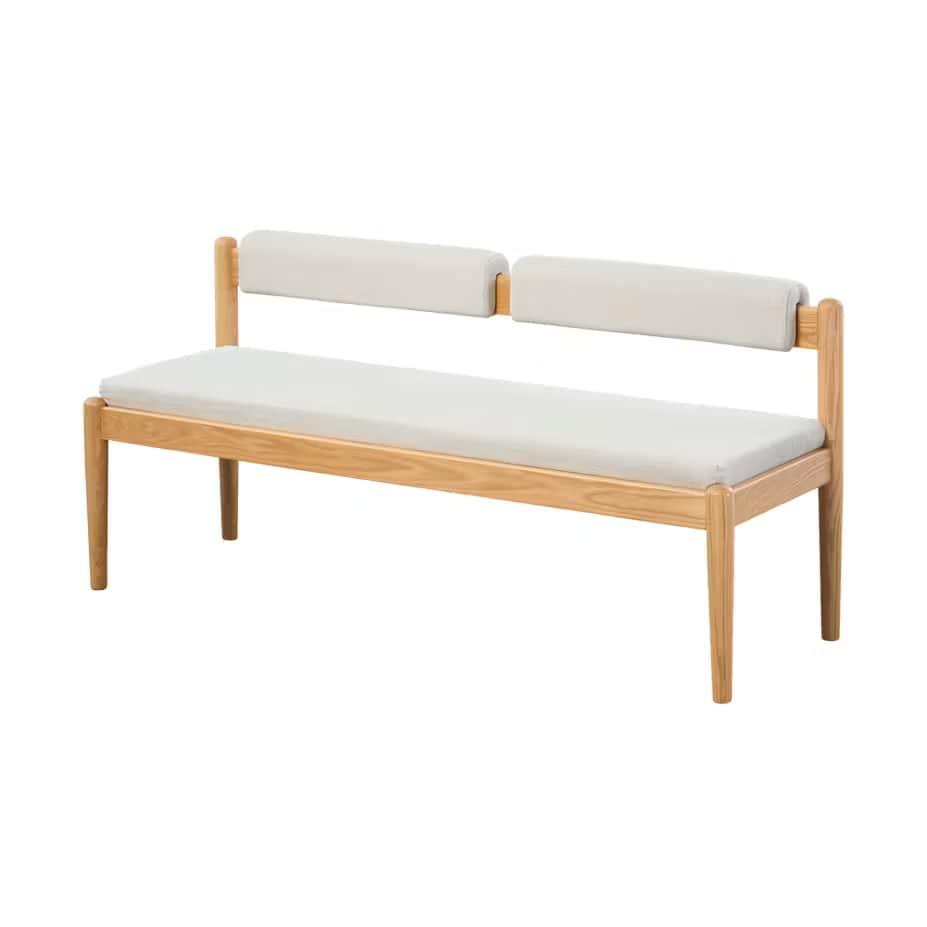 A modern bench featuring a light-toned wooden frame, a single upholstered seat cushion, and two sepa… — 3D model