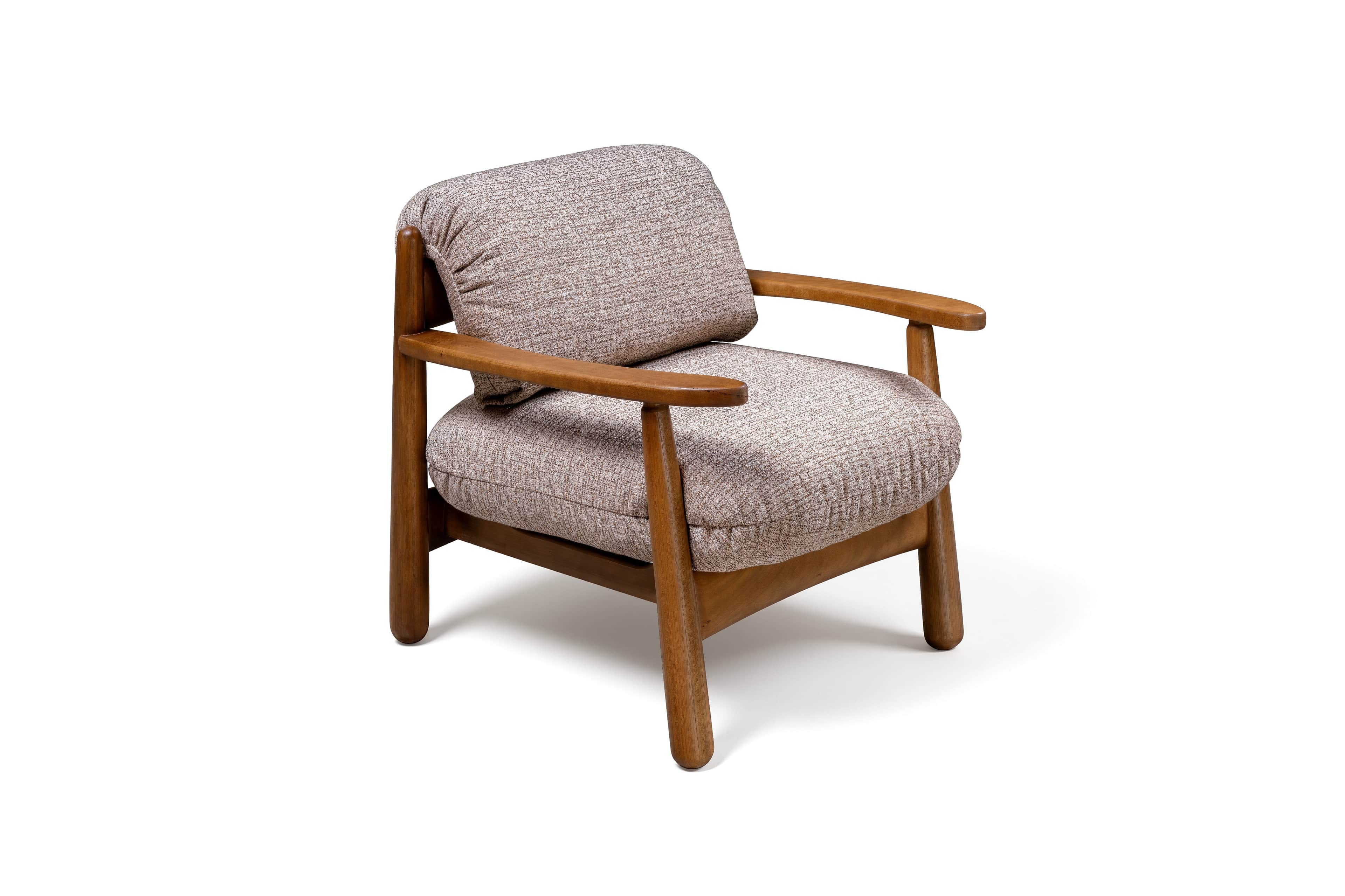 A modern armchair featuring an exposed light brown wooden frame and thick, plush, textured light bei… — 3D model