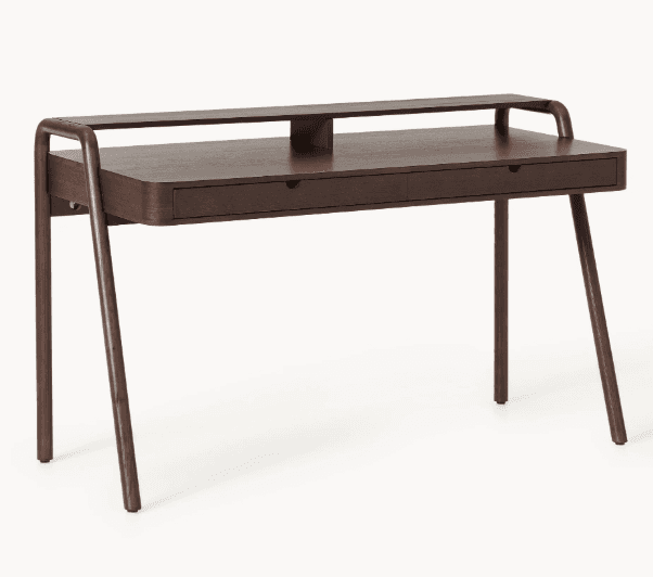 A modern, minimalist writing desk crafted from dark-stained wood, featuring a rectangular top with s… — 3D model