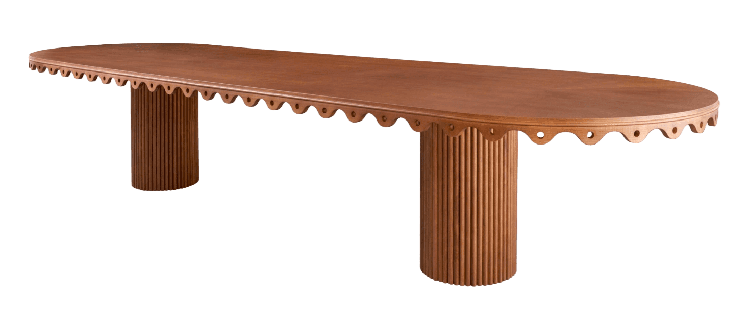An elongated oval table crafted from reddish-brown wood, featuring a distinctive scalloped edge alon… — 3D model