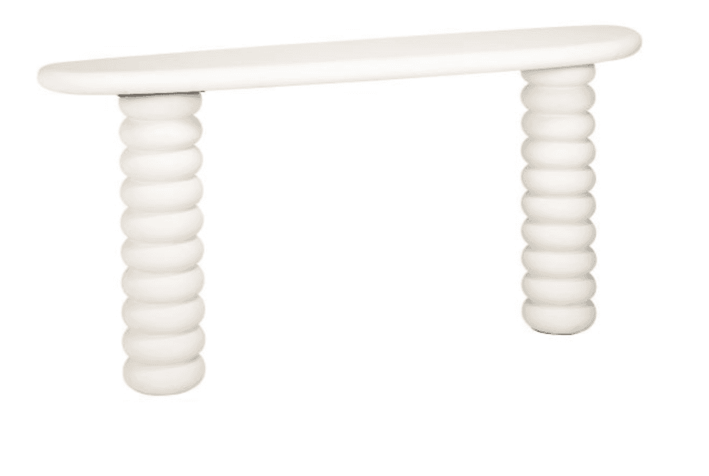 A console table with an oval, flat top supported by two cylindrical legs. Each leg features a stacke… — 3D model