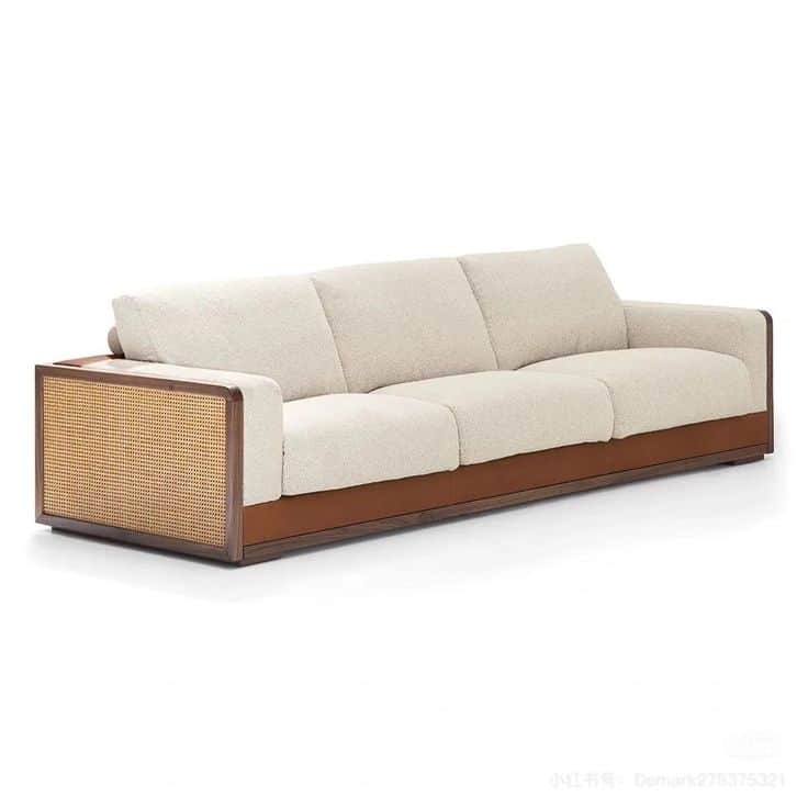 A contemporary three-seater sofa featuring a dark wood frame, light-colored textured fabric upholste… — free GLTF 3D model