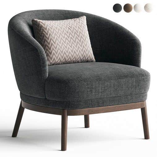 A contemporary lounge chair featuring a deep charcoal grey textured fabric upholstery. The chair has… — 3D model