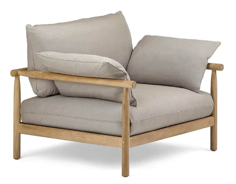 A modern armchair featuring an exposed light-toned wooden frame with plush grey fabric cushions, des… — 3D model