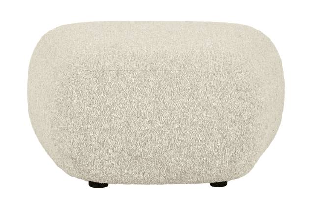 A contemporary upholstered ottoman with a rounded, pill-shaped silhouette, covered in a light beige… — 3D model