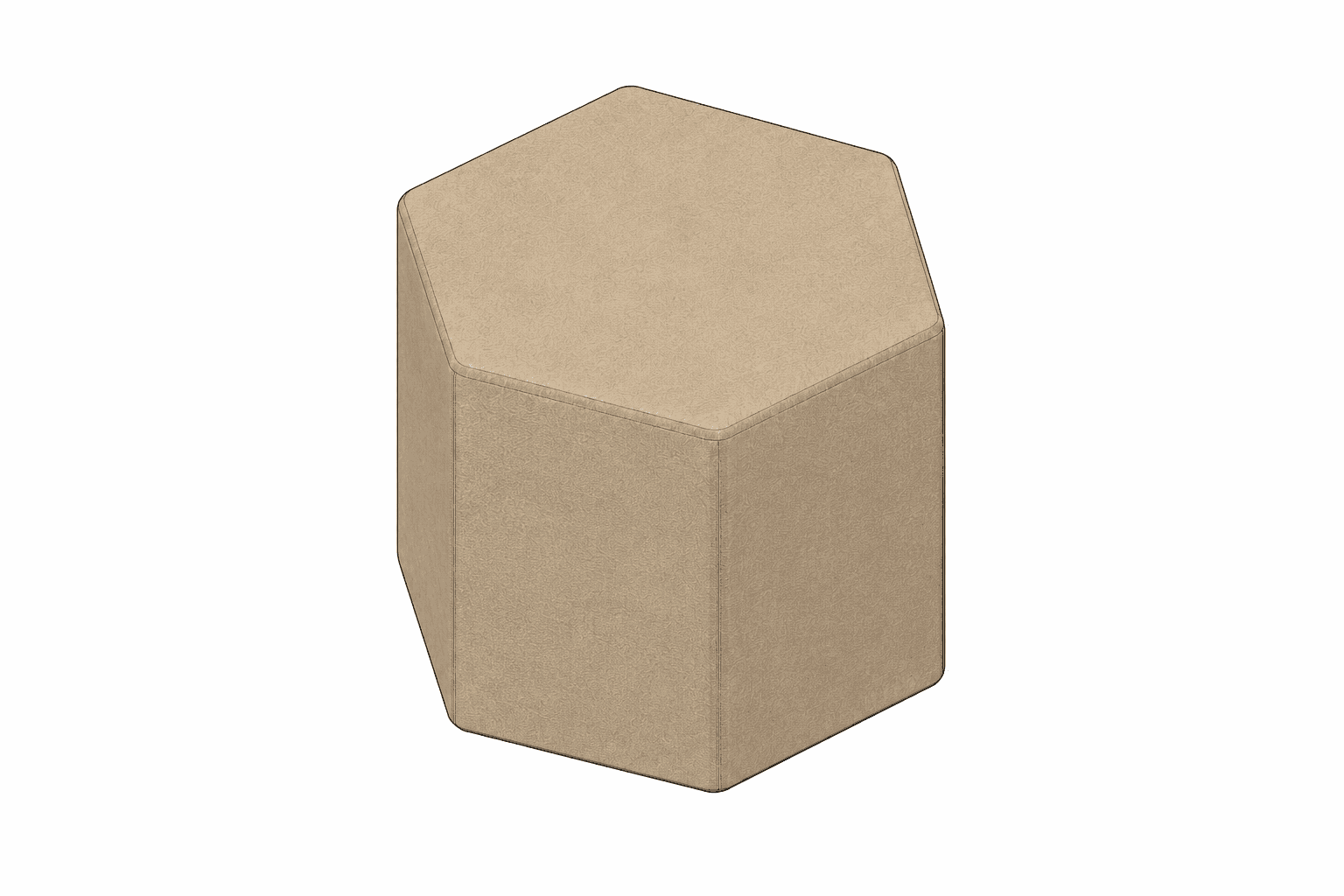 A hexagonal, fully upholstered ottoman or pouf in a light beige fabric, designed for seating or as a… — 3D model