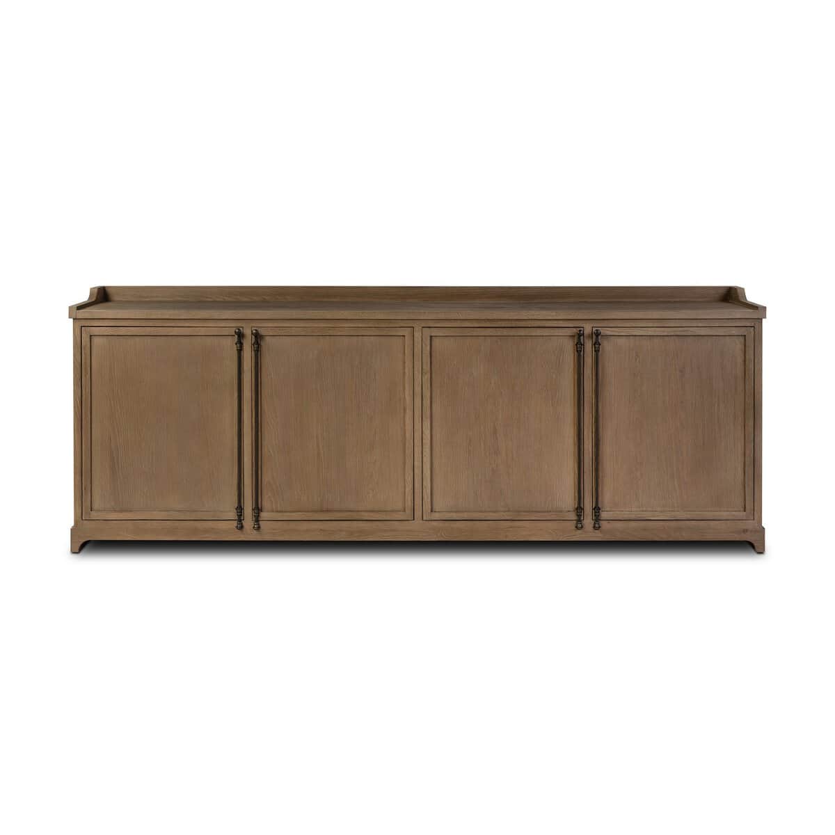 A long, rectangular wood sideboard featuring four cabinet doors. The doors have a recessed panel des… — 3D model