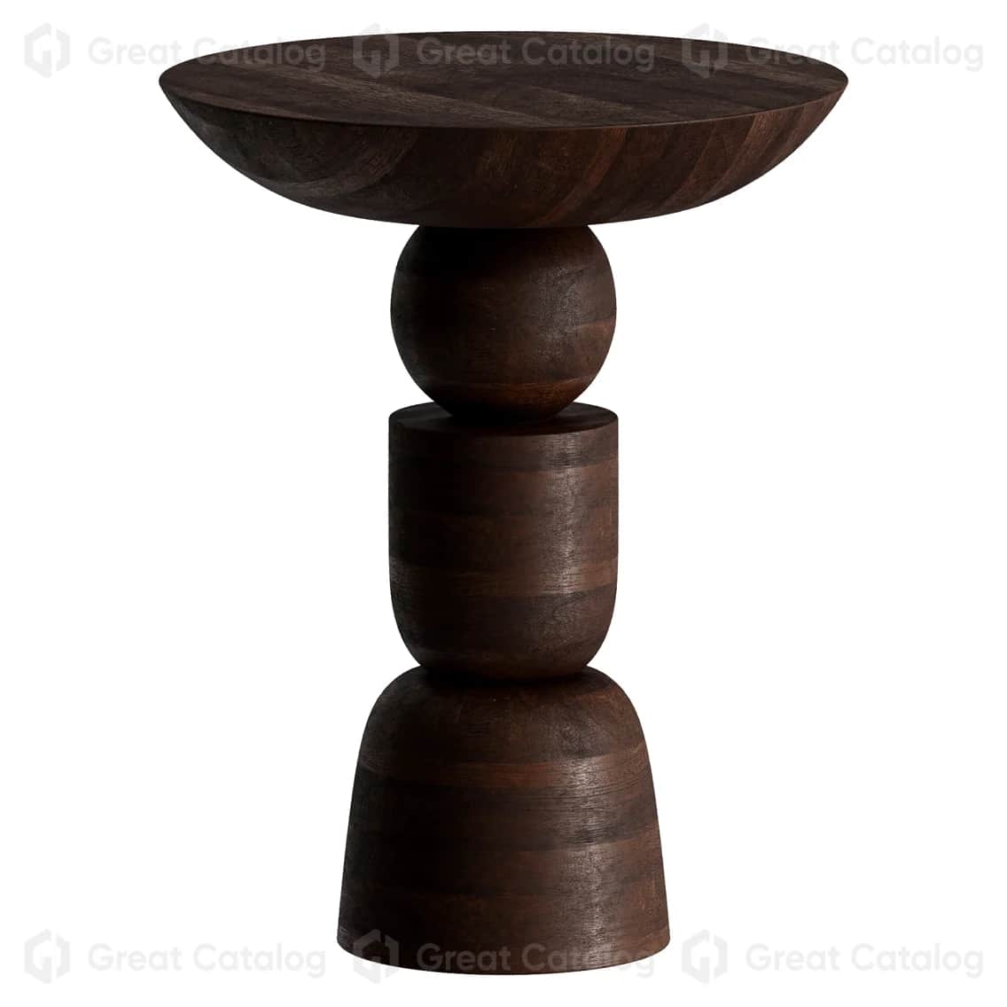 A dark wooden side table with a sculptural design. The table features a concave, circular top and a… — 3D model