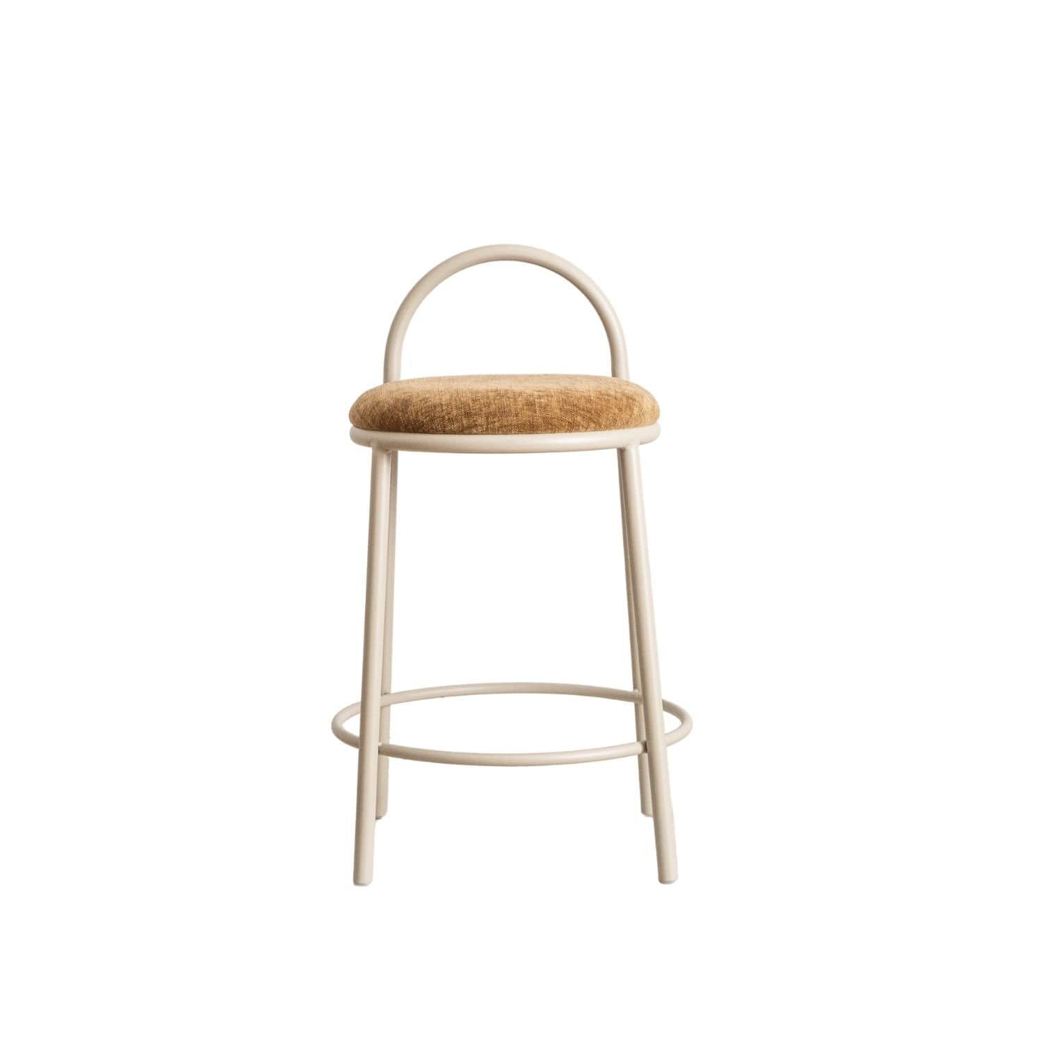 A contemporary bar stool featuring a slender beige metal frame, a round upholstered seat in light br… — 3D model