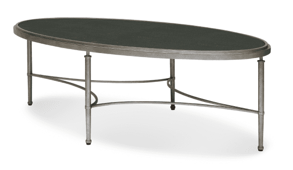 An oval-shaped coffee table featuring a metallic frame with an antique silver finish and a dark, tex… — free GLB 3D model