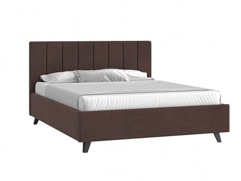 A modern platform bed featuring a tall, rectangular headboard with vertical channel tufting, fully u… — 3D model