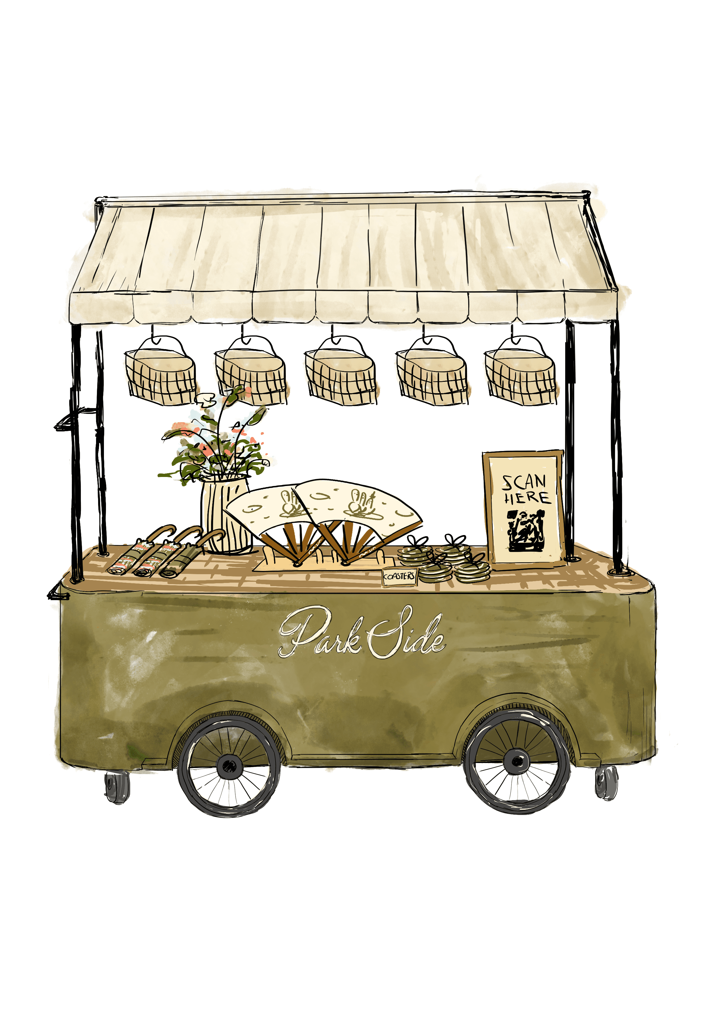 A mobile vendor cart, rendered in a modern style, features an olive green base with two spoked wheel… — 3D model