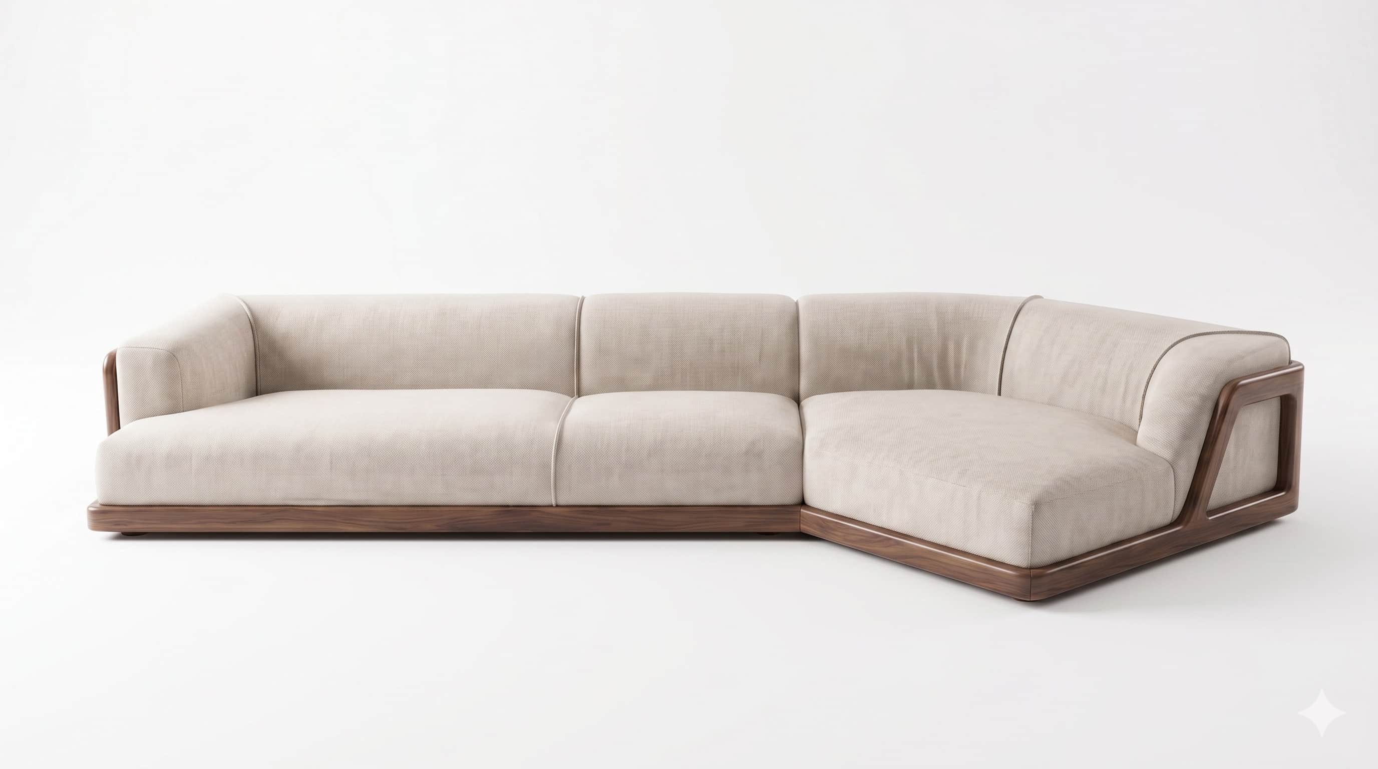An L-shaped modern sectional sofa featuring a light beige fabric upholstery and a prominent dark sta… — 3D model