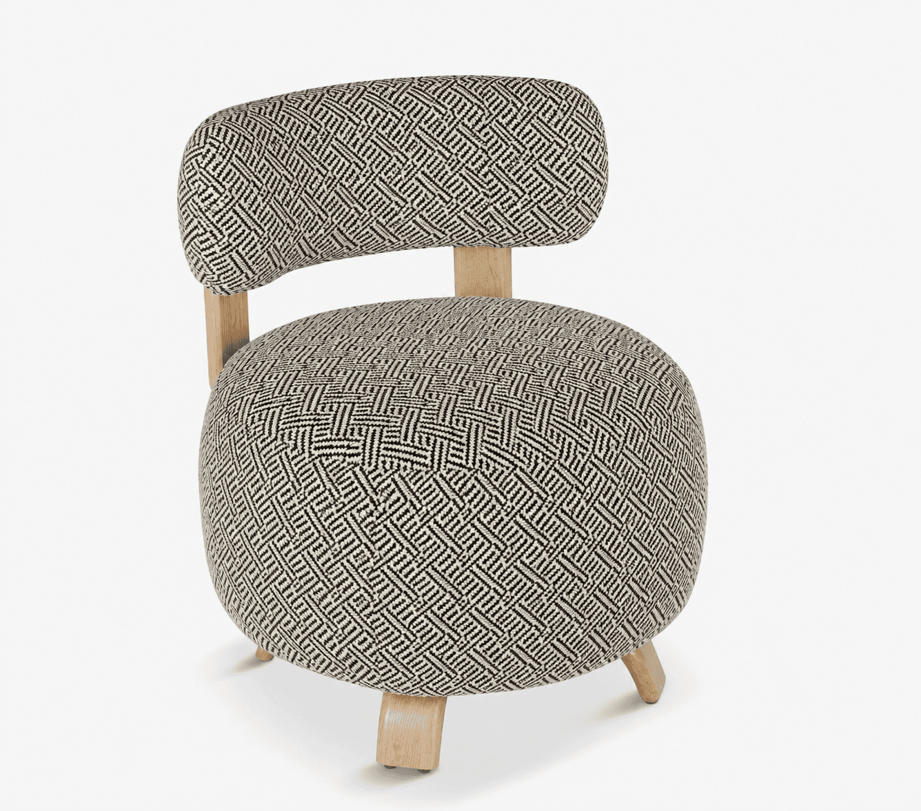 An armless accent chair featuring a distinct geometric black and white patterned upholstery. The cha… — 3D model