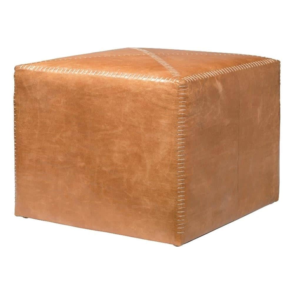 A cube-shaped ottoman upholstered in tan leather, featuring prominent light-colored exposed cross-st… — 3D model