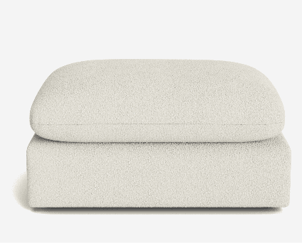 An off-white, boucle upholstered ottoman featuring a two-tiered design with a rectangular base and a… — 3D model