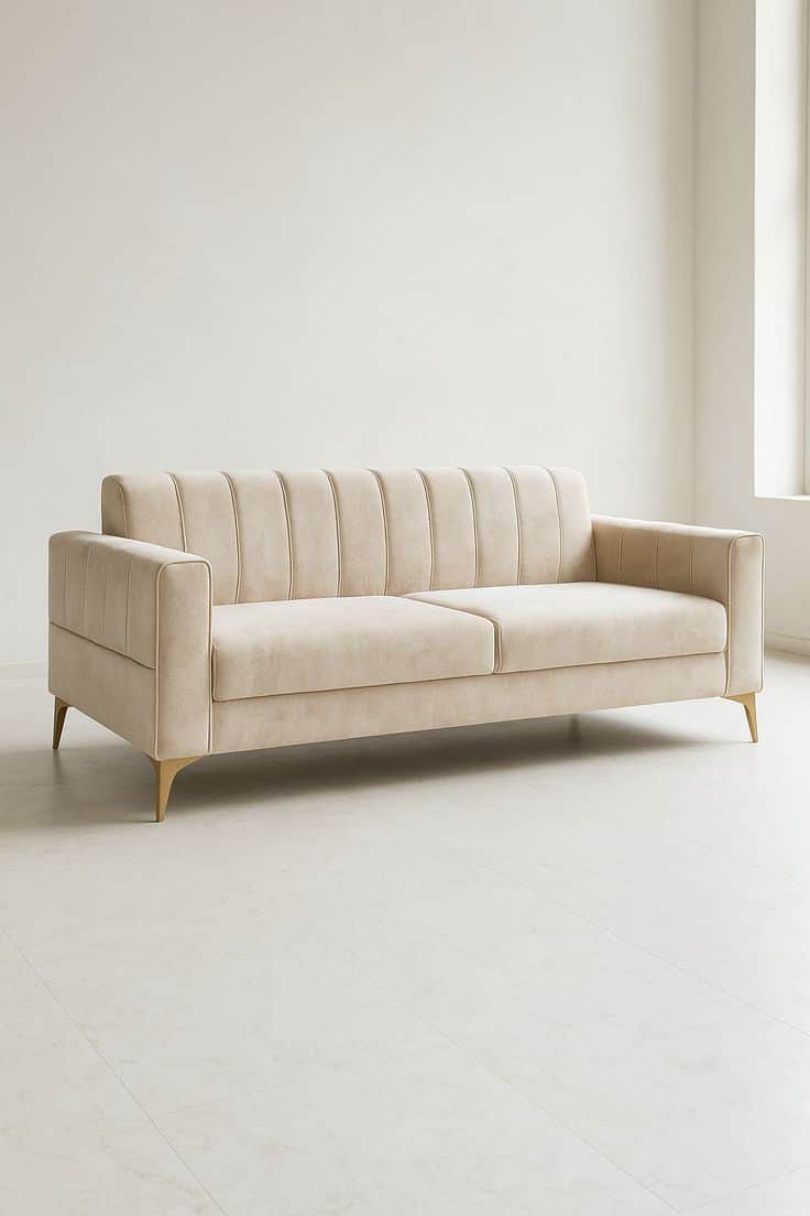 A cream-colored, two-seater sofa featuring channel tufting on its backrest and armrests, supported b… — 3D model