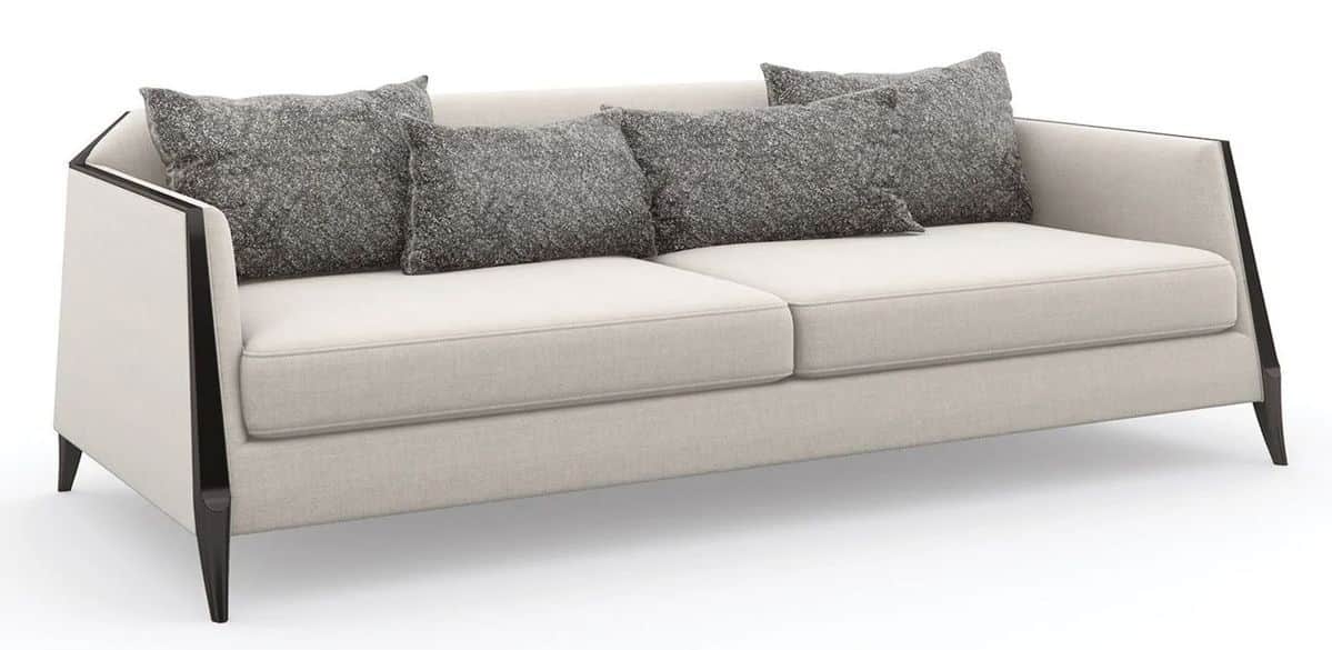A modern two-seater sofa featuring a clean, minimalist design with an exposed dark-finished wooden f… — free GLB 3D model