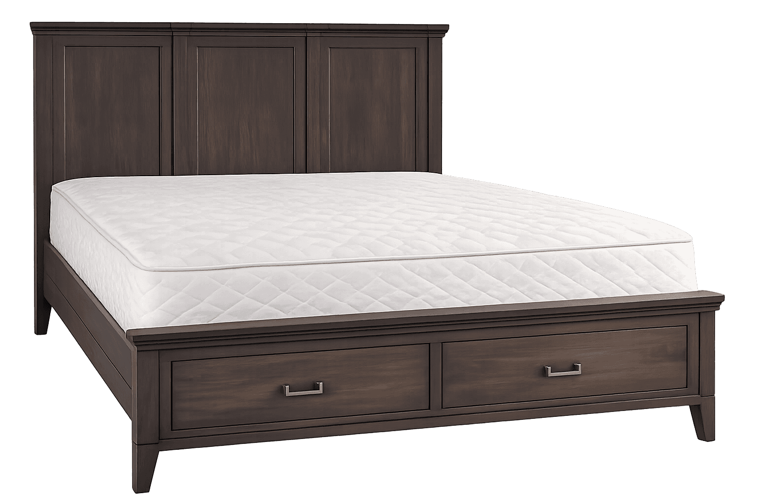 A dark brown wooden platform bed featuring a tall paneled headboard and two integrated storage drawe… — free BLEND 3D model
