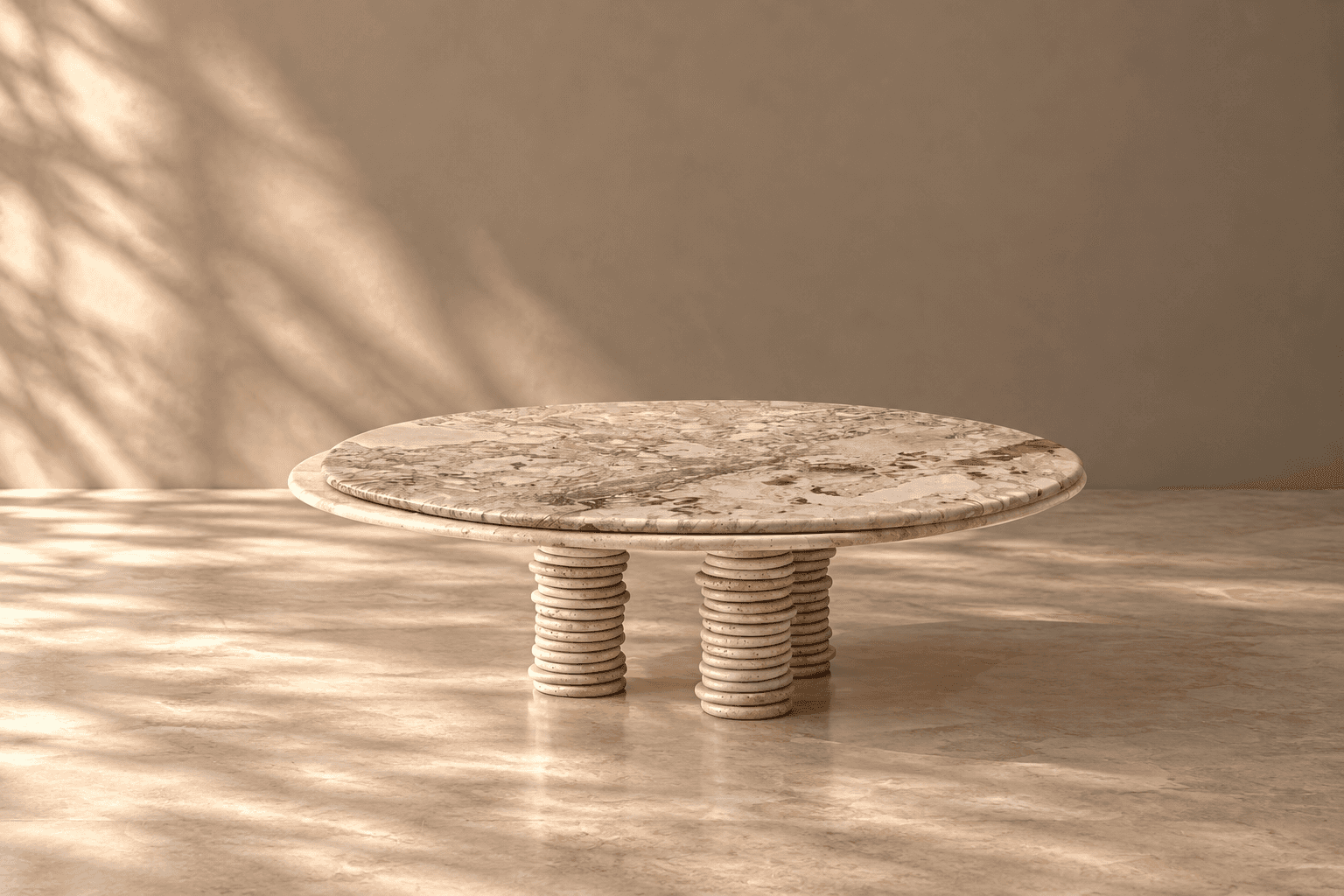 A low-profile, round coffee table featuring a polished natural marble tabletop with distinct beige a… — 3D model