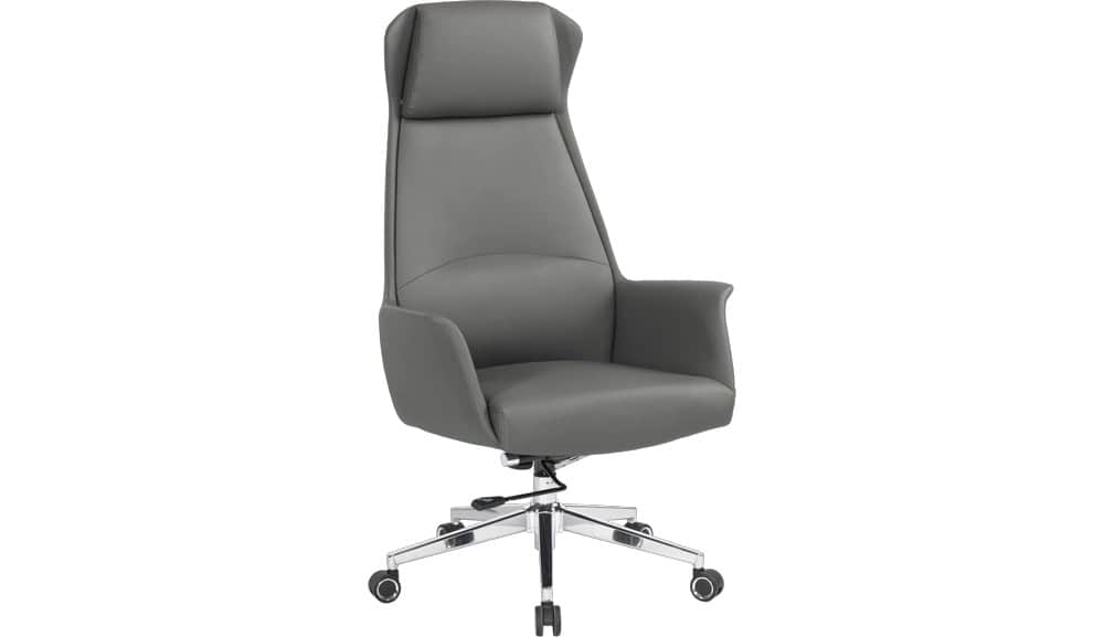 A modern executive office chair featuring a high backrest, integrated headrest, and padded armrests,… — 3D model