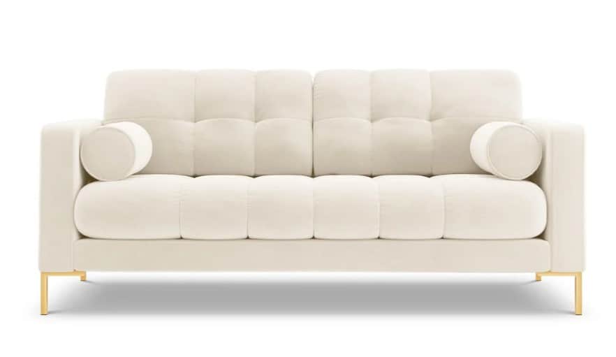 A contemporary two-seater loveseat upholstered in ivory-colored velvet fabric, featuring deep square… — 3D model