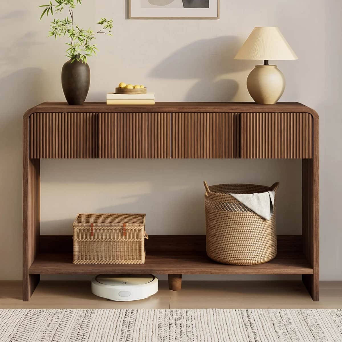 A contemporary console table constructed from rich dark walnut wood, characterized by its elongated,… — free GLTF 3D model