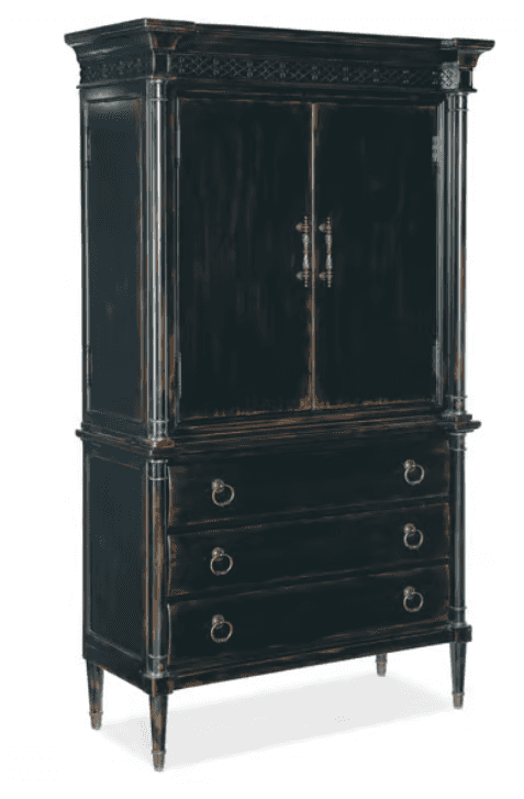 A tall, dark wood armoire with two doors on the upper section and three drawers on the lower section… — free OBJ 3D model