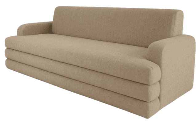 A three-seater sofa upholstered in a textured, light brown fabric. The sofa features a clean-lined d… — 3D model