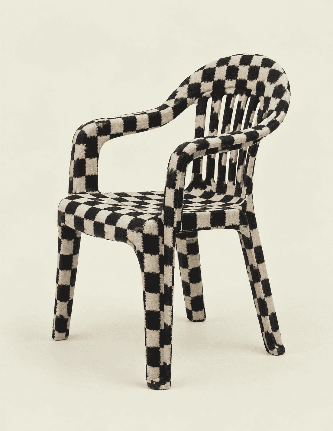 A molded plastic armchair covered in a fuzzy black and off-white checkered textile pattern. It featu… — free OBJ 3D model