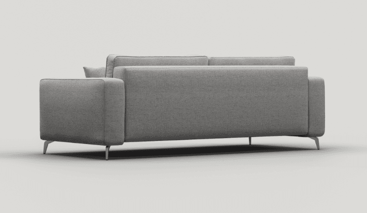 A modern sofa viewed from the rear-side. It features a tailored upholstery in a textured grey fabric… — 3D model