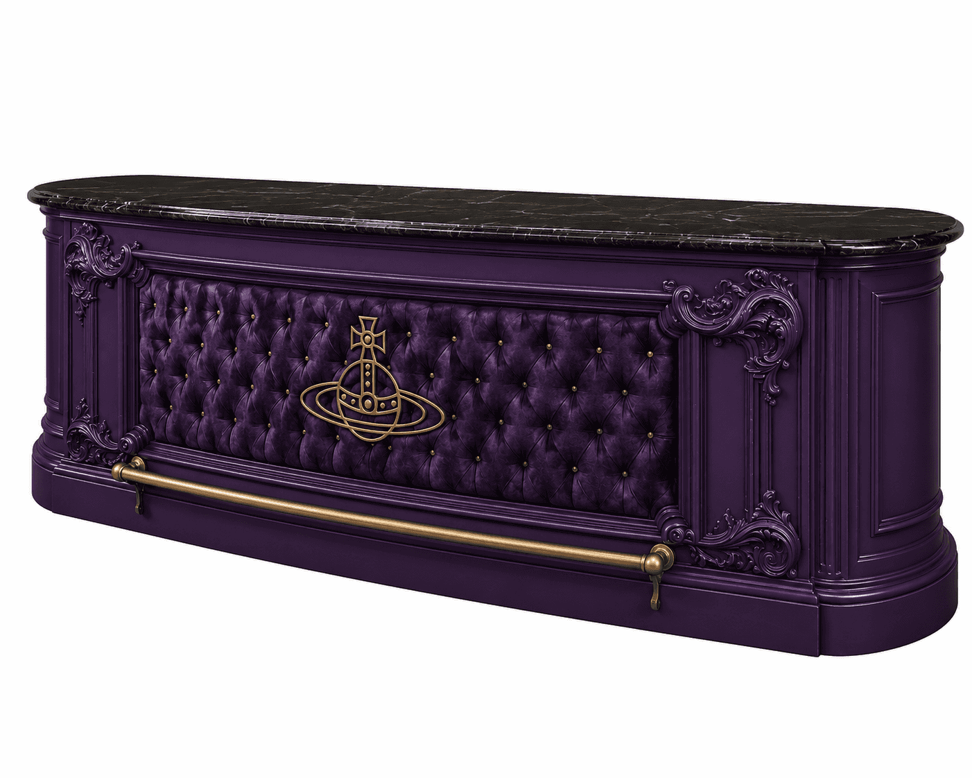 An ornate bar counter featuring a deep purple lacquered finish, a polished black marble countertop,… — 3D model