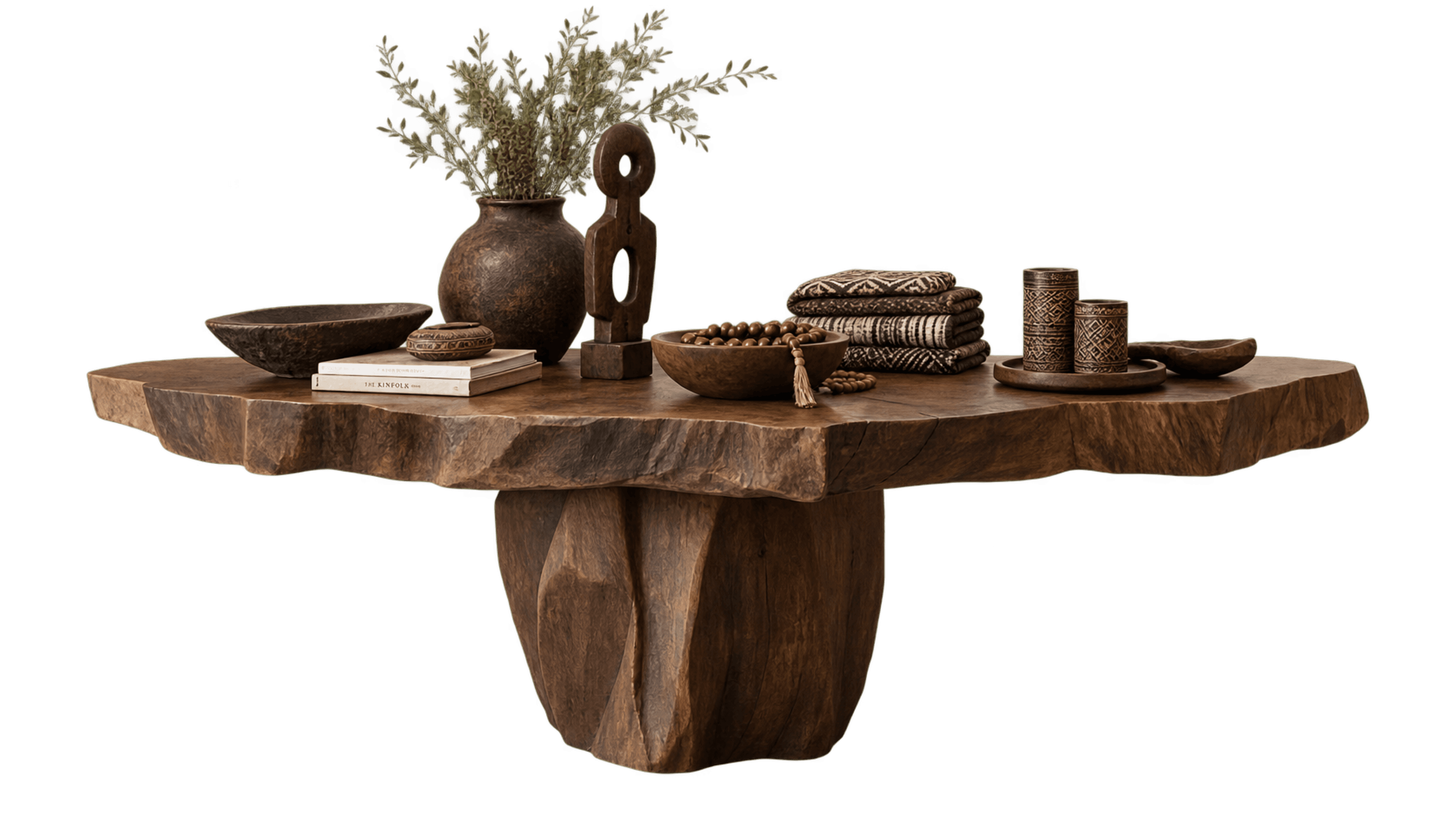 A low-profile coffee table featuring a thick, organic live-edge wood slab tabletop supported by a sc… — 3D model