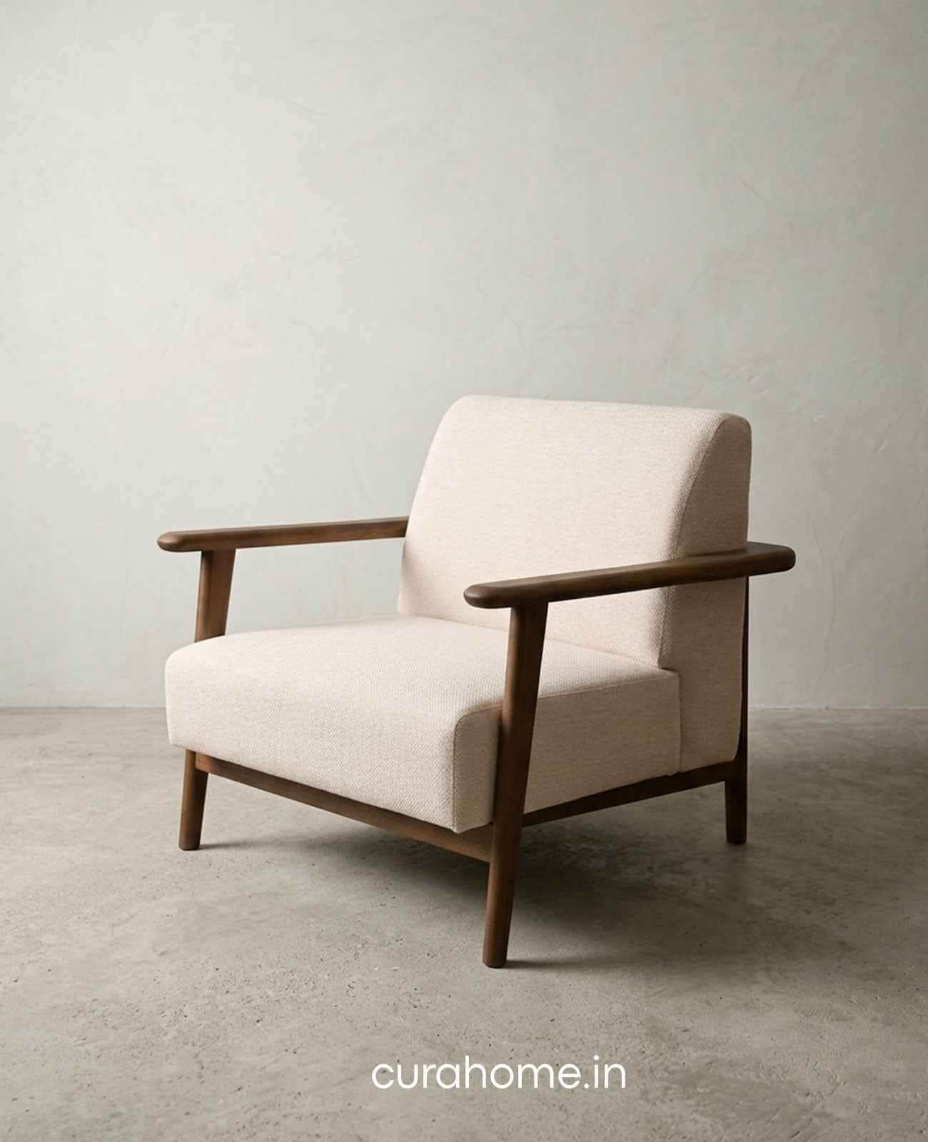 A modern upholstered armchair featuring an exposed dark wood frame and light beige fabric cushions. — 3D model