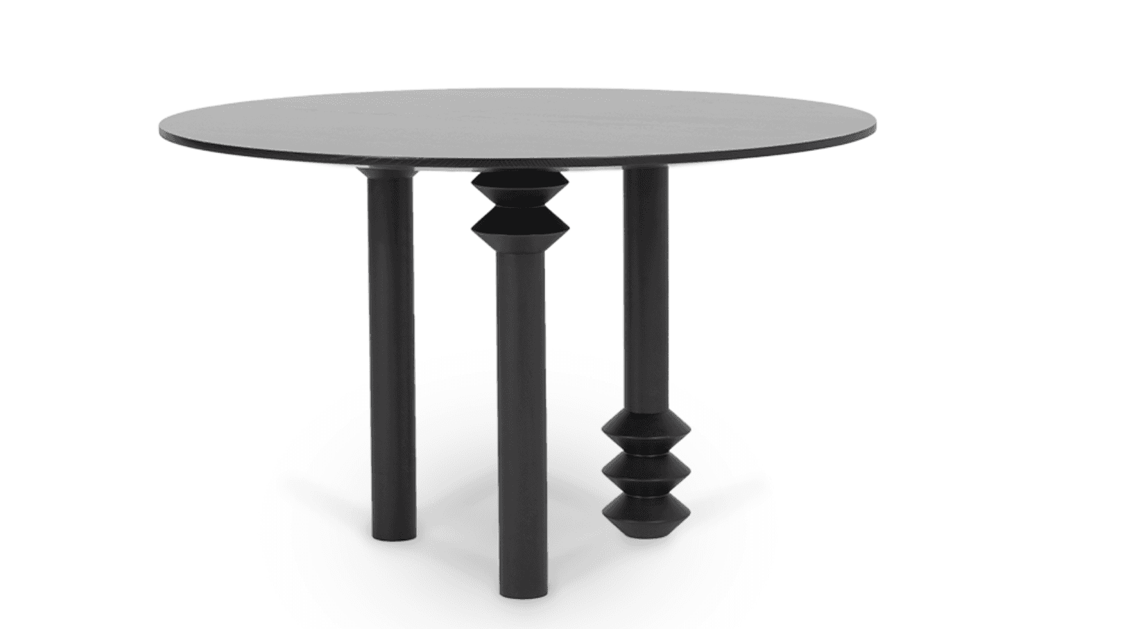 A round, dark-colored end table with three legs. The legs are cylindrical with decorative, stacked s… — 3D model