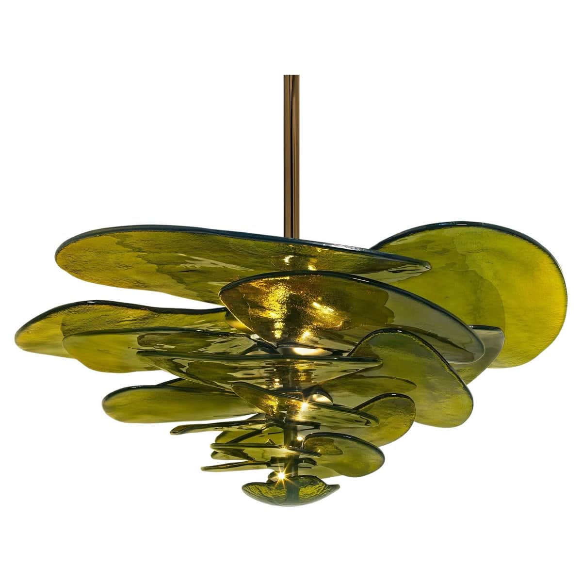 A decorative chandelier with multiple layered, irregular-shaped glass elements suspended from a cent… — 3D model