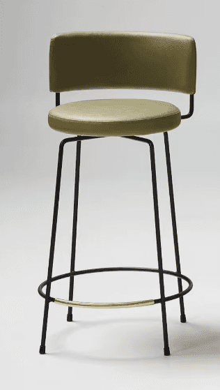A contemporary bar stool with a mid-century modern aesthetic, featuring an olive green upholstered s… — 3D model