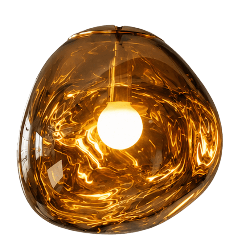 A close-up view of an organic-shaped pendant light featuring a translucent amber glass shade with a… — 3D model