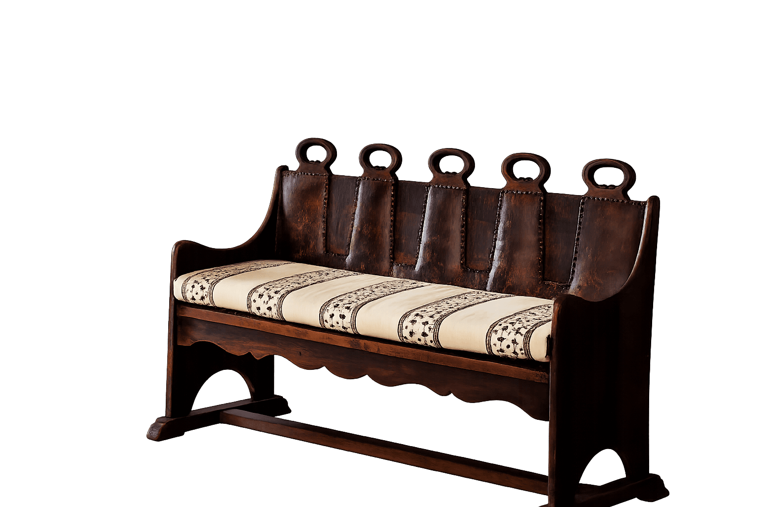 A wooden bench with a dark stained finish and a cushioned seat. The backrest is composed of several… — free OBJ 3D model