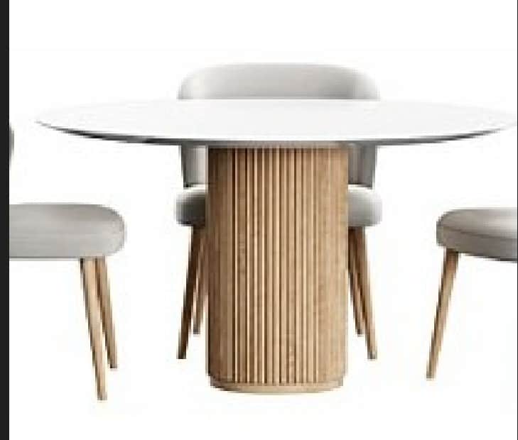A modern round dining table featuring a white tabletop and a fluted natural wood pedestal base. The… — free FBX 3D model